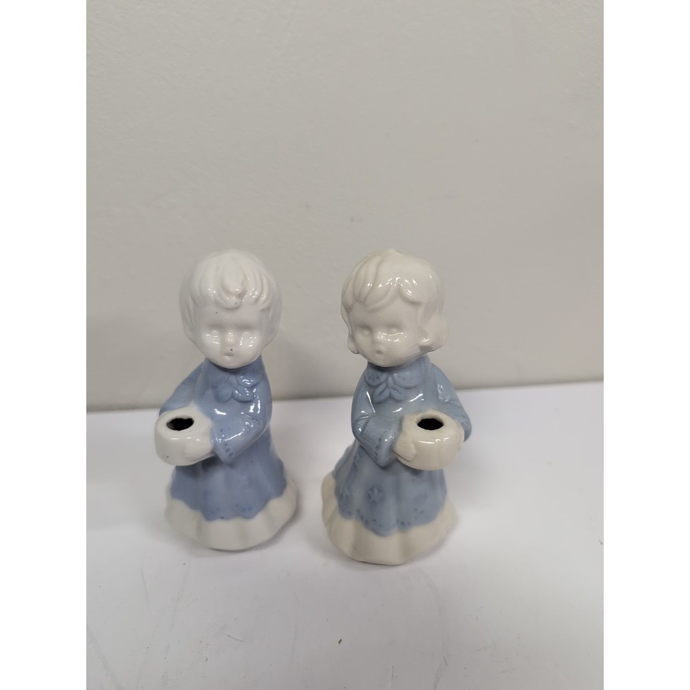 Vintage Ceramic Angle- Boy Girl Candle Holder Blue/White Made in Japan Figurines